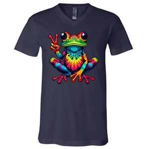 Tiedye Frog Peace Sign Hippie V-Neck T-Shirt