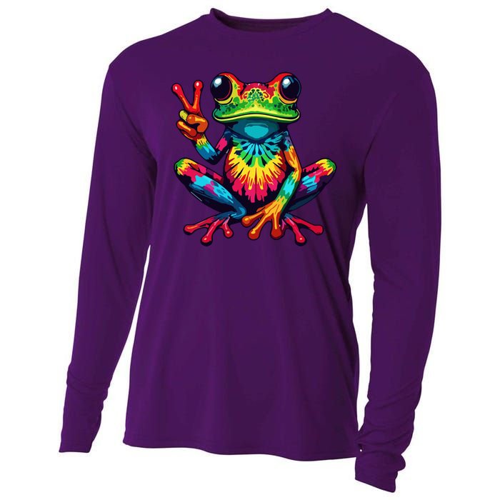 Tiedye Frog Peace Sign Hippie Cooling Performance Long Sleeve Crew