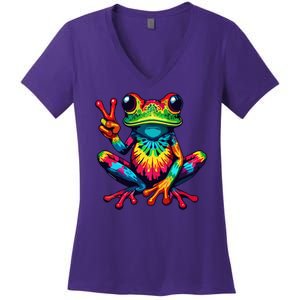 Tiedye Frog Peace Sign Hippie Women's V-Neck T-Shirt