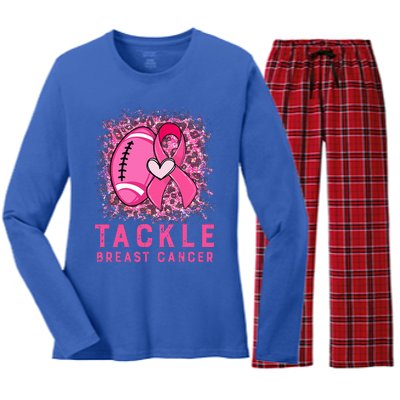 Tackle Football Pink Ribbon Breast Cancer Awareness Women's Long Sleeve Flannel Pajama Set 