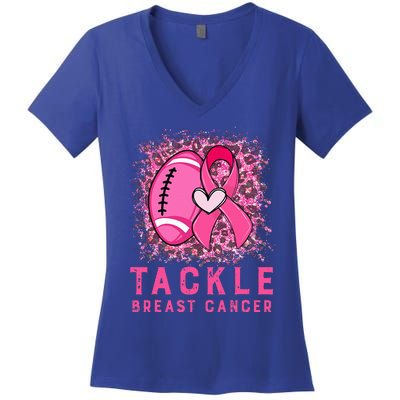 Tackle Football Pink Ribbon Breast Cancer Awareness Women's V-Neck T-Shirt