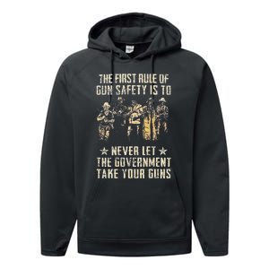 The First Rule Of Gun Safety (on back) Performance Fleece Hoodie