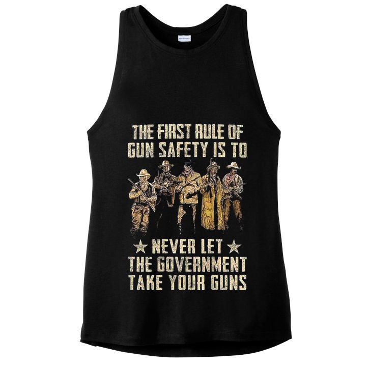 The First Rule Of Gun Safety (On Back) Ladies PosiCharge Tri-Blend Wicking Tank