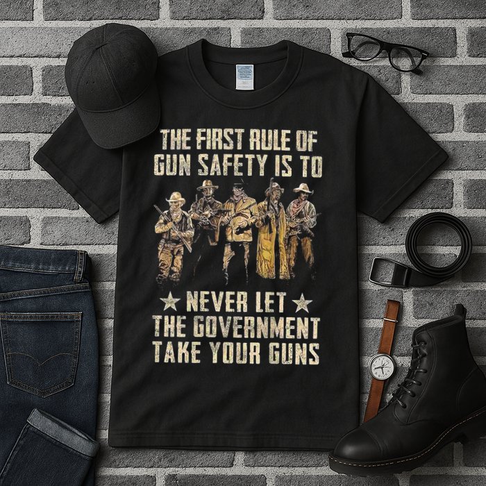 The First Rule Of Gun Safety (On Back) Tall T-Shirt