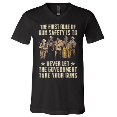 The First Rule Of Gun Safety (On Back) V-Neck T-Shirt