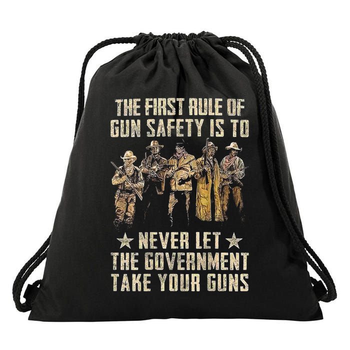 The First Rule Of Gun Safety (On Back) Drawstring Bag