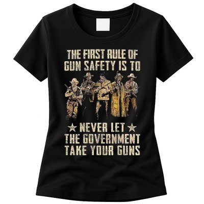 The First Rule Of Gun Safety (On Back) Womens T-Shirt