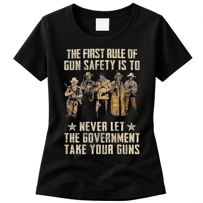 The First Rule Of Gun Safety (On Back) Womens T-Shirt