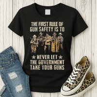 The First Rule Of Gun Safety (On Back) Womens T-Shirt