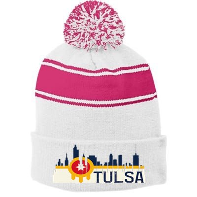 Tulsa Flag Skyline Stripe Pom Pom Beanie