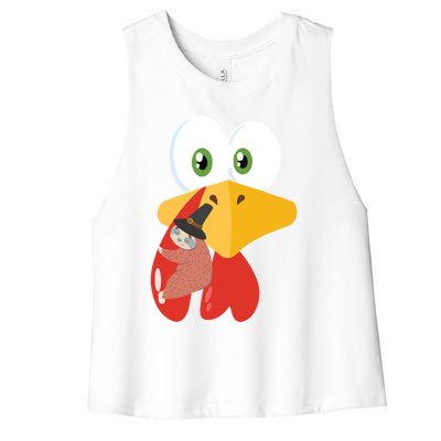 Turkey Face Sloth Hanging Thanksgiving Day Novelty Gift Funny Gift Women's Racerback Cropped Tank