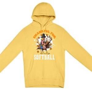 Thankful For Softball Turkey Funny Thanksgiving Softball Gift Premium Pullover Hoodie