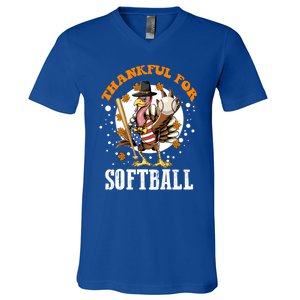 Thankful For Softball Turkey Funny Thanksgiving Softball Gift V-Neck T-Shirt