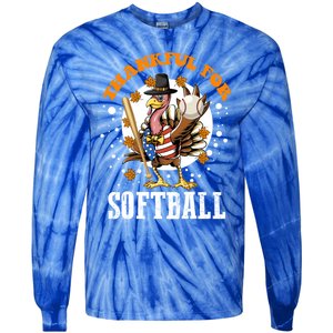 Thankful For Softball Turkey Funny Thanksgiving Softball Gift Tie-Dye Long Sleeve Shirt