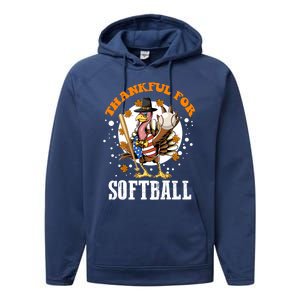 Thankful For Softball Turkey Funny Thanksgiving Softball Gift Performance Fleece Hoodie