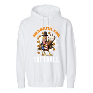 Thankful For Softball Turkey Funny Thanksgiving Softball Gift Garment-Dyed Fleece Hoodie