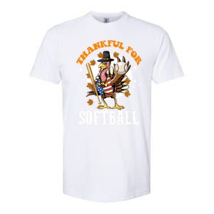 Thankful For Softball Turkey Funny Thanksgiving Softball Gift Softstyle CVC T-Shirt