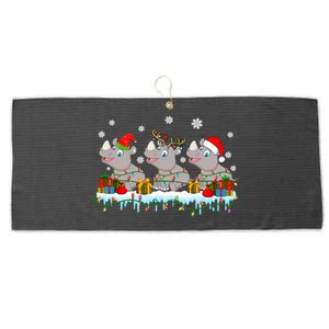 Three Funny Santa Reindeer Hippos Xmas Lights Presents Gift Large Microfiber Waffle Golf Towel