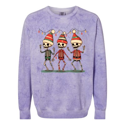 Three Funny Skeletons Dancing Christmas Tree Light Cute Xmas Gift Colorblast Crewneck Sweatshirt