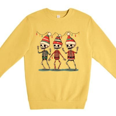 Three Funny Skeletons Dancing Christmas Tree Light Cute Xmas Gift Premium Crewneck Sweatshirt