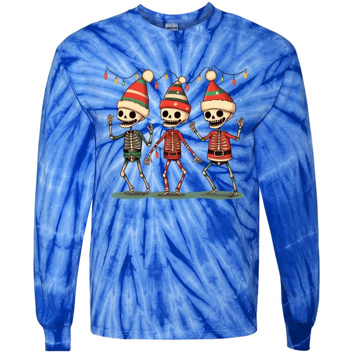 Three Funny Skeletons Dancing Christmas Tree Light Cute Xmas Gift Tie-Dye Long Sleeve Shirt