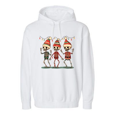 Three Funny Skeletons Dancing Christmas Tree Light Cute Xmas Gift Garment-Dyed Fleece Hoodie