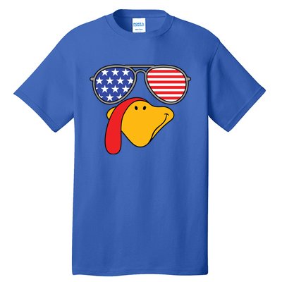 Turkey Face Sunglasses Usa Flag American Thanksgiving Cute Gift Tall T-Shirt