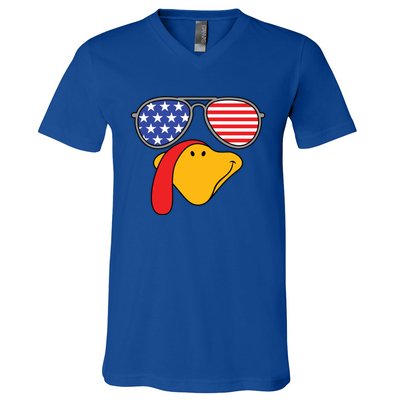 Turkey Face Sunglasses Usa Flag American Thanksgiving Cute Gift V-Neck T-Shirt