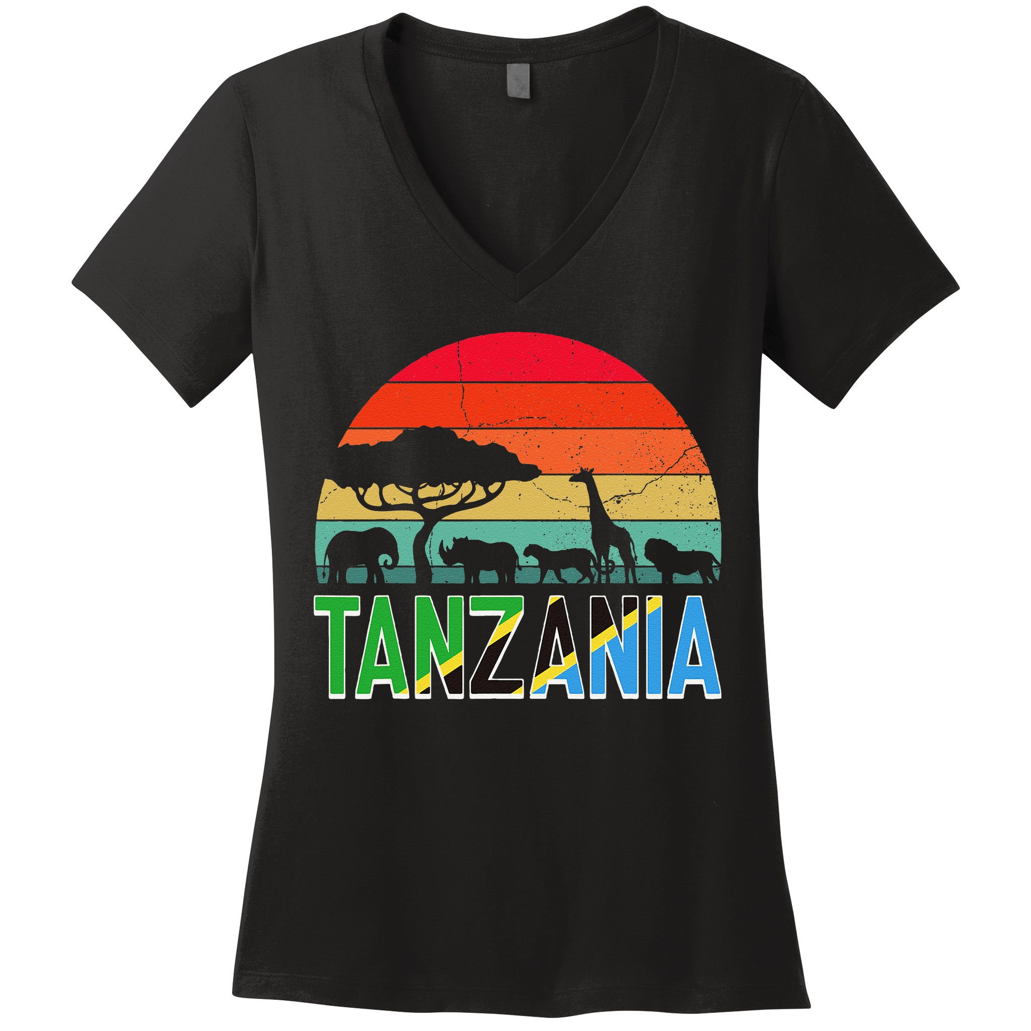 Tanzania Flag Serengeti Safari Africa Tanzanian Retro Women's V-Neck T-Shirt
