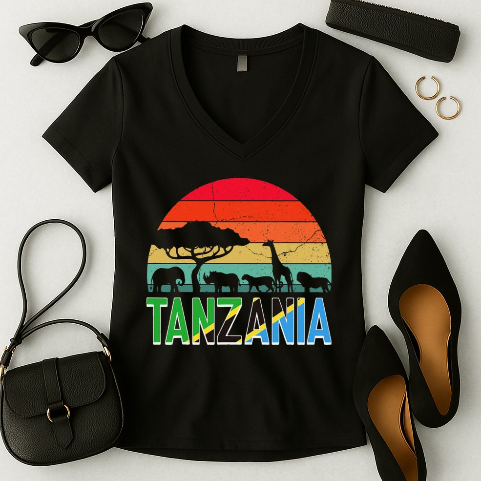 Tanzania Flag Serengeti Safari Africa Tanzanian Retro Women's V-Neck T-Shirt