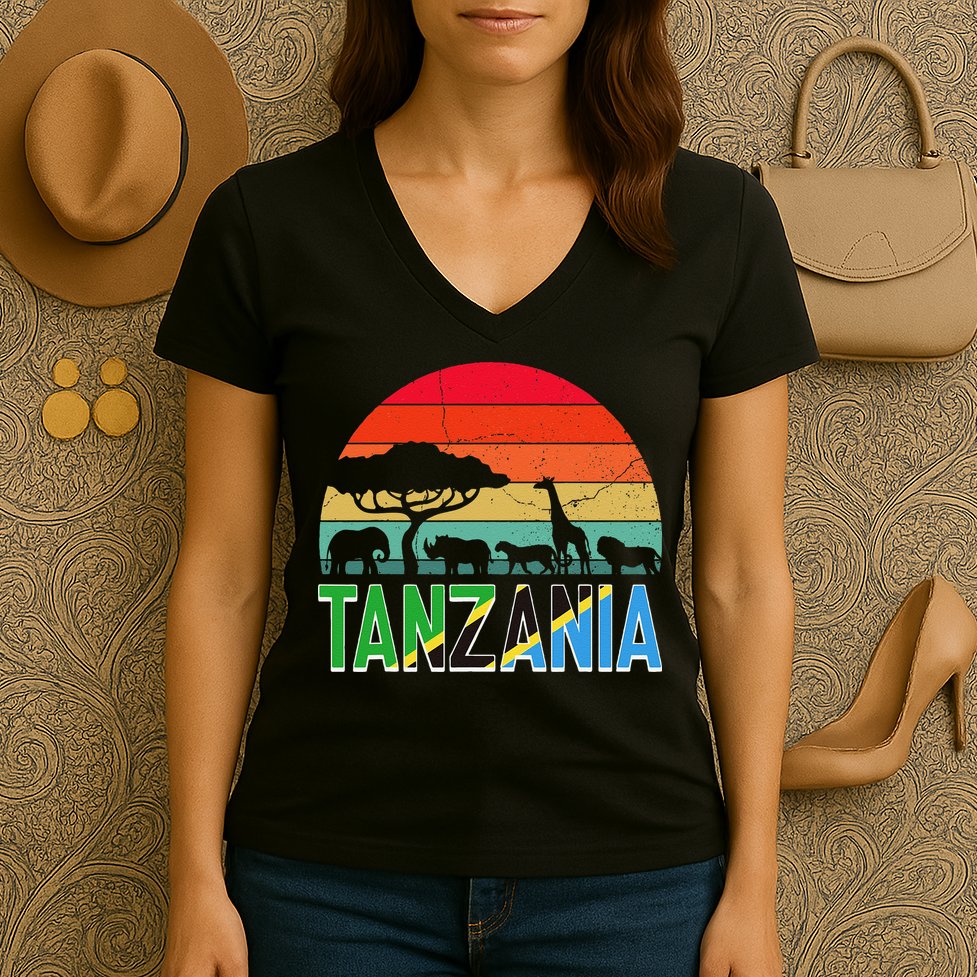 Tanzania Flag Serengeti Safari Africa Tanzanian Retro Women's V-Neck T-Shirt
