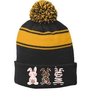 Three Floral Stylish Bunnies Stripe Pom Pom Beanie