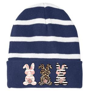 Three Floral Stylish Bunnies Striped Beanie with Solid Band