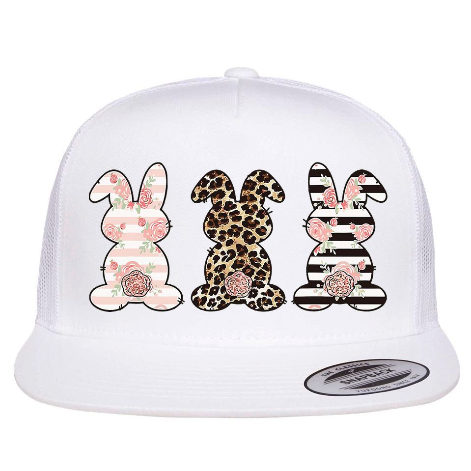 Three Floral Stylish Bunnies Flat Bill Trucker Hat