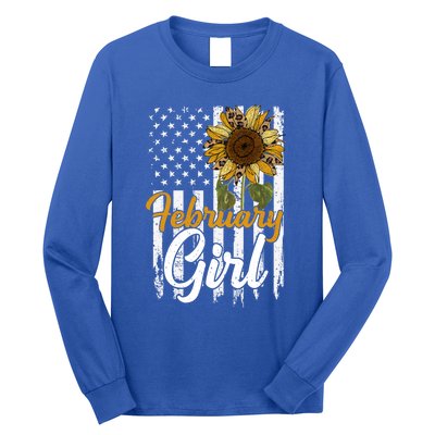 Tu February Sunflower Birthday Costume America Flag Gift Long Sleeve Shirt