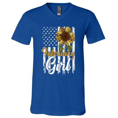 Tu February Sunflower Birthday Costume America Flag Gift V-Neck T-Shirt