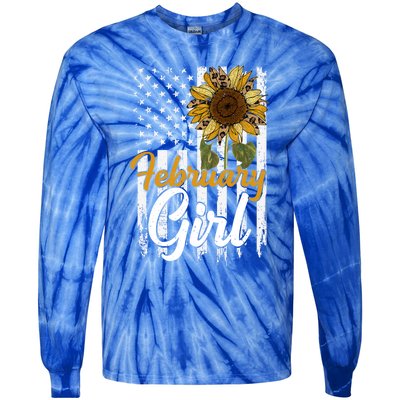 Tu February Sunflower Birthday Costume America Flag Gift Tie-Dye Long Sleeve Shirt