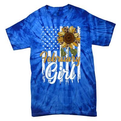 Tu February Sunflower Birthday Costume America Flag Gift Tie-Dye T-Shirt