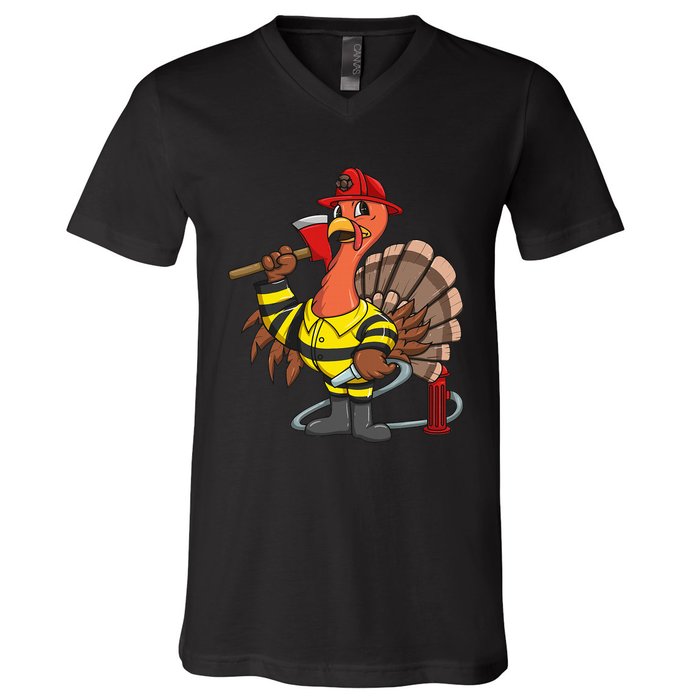 Thanksgiving Firefighter Turkey  Proud Fireman Gift V-Neck T-Shirt