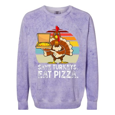 Turkey Funny Thanksgiving Save Turkeys Eat Pizza Colorblast Crewneck Sweatshirt