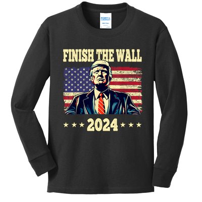 Trump Finish The Wall 2024 Vintage Us Flag Kids Long Sleeve Shirt