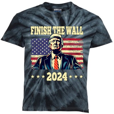 Trump Finish The Wall 2024 Vintage Us Flag Kids Tie-Dye T-Shirt