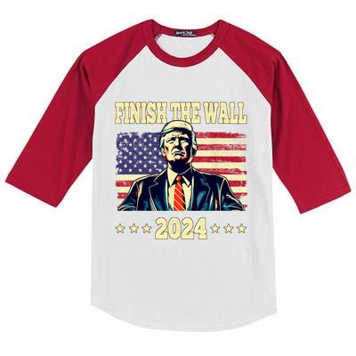 Trump Finish The Wall 2024 Vintage Us Flag Kids Colorblock Raglan Jersey