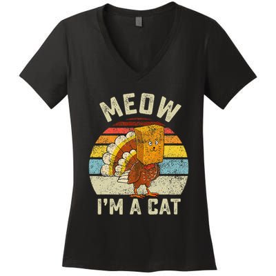 Thanksgiving Funny Turkey Fake Cat Retro Women's V-Neck T-Shirt