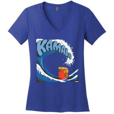 Trump Facing The Unstoppable Kamala Blue Wave Tsunami Women's V-Neck T-Shirt