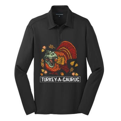 Turkeygiftagiftsaurus Funny Thanksgiving Dinosaur Turkey Tgiftrex Great Gift Silk Touch Performance Long Sleeve Polo