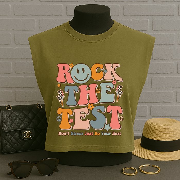 Testing For Teachers Test Day Teacher Rock The Test Garment-Dyed Women's Muscle Tee