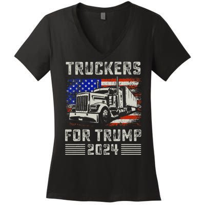 Truckers For Trump American Flag Trump 2024 Vintage Women's V-Neck T-Shirt