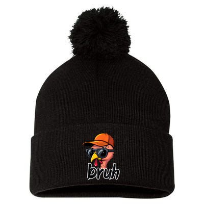 Turkey Face Thanksgiving Bruh Pom Pom 12in Knit Beanie