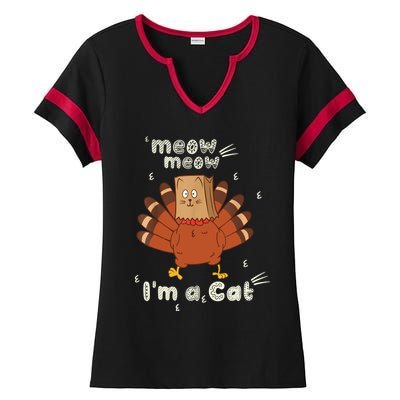 Thanksgiving Funny Turkey Fake Cat Retro Ladies Halftime Notch Neck Tee